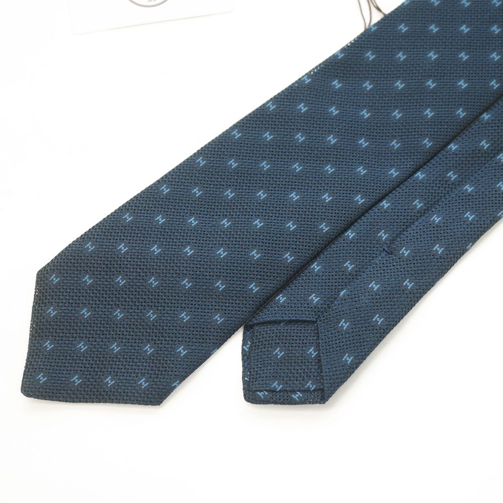 栄 エルメス ロゴ ネクタイ シルク 総柄 ネイビー ブルー 青 大剣幅約7cm 小物 その他 箱