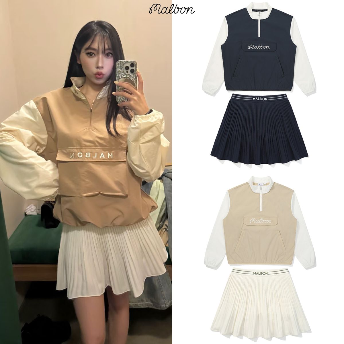 セット マルボン GOLF ブロック クォータージップ アノラック マル レンティナ プリーツ スカート