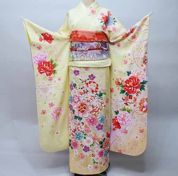 振袖 正絹 着物 単品 仕立て上がり 百花繚乱 牡丹 菊 花刺繍 クリーム色 成人式 結納 結婚式 NO36678 - メルカリ