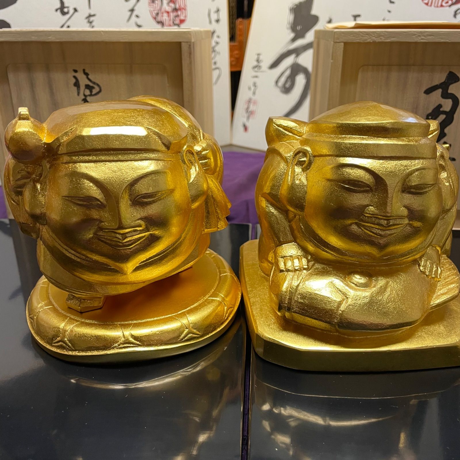 ブロンズ像「恵比寿尊像・大黒天尊像」平櫛田中 作 色紙・台座付