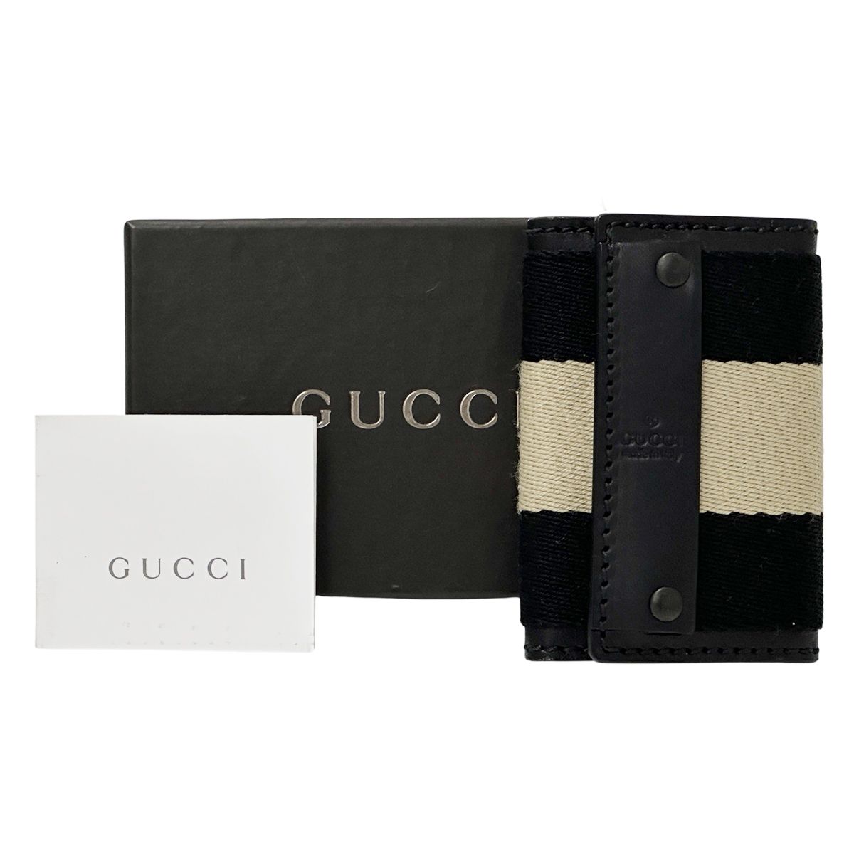 グッチ GUCCI キーケース メンズ ブランド キャンバス ブラック ベージュ 106666 ベージュライン モノトーン シンプル 【中古】 グッチ GUCCI キーケース メンズ ブランド キャンバス ブラック