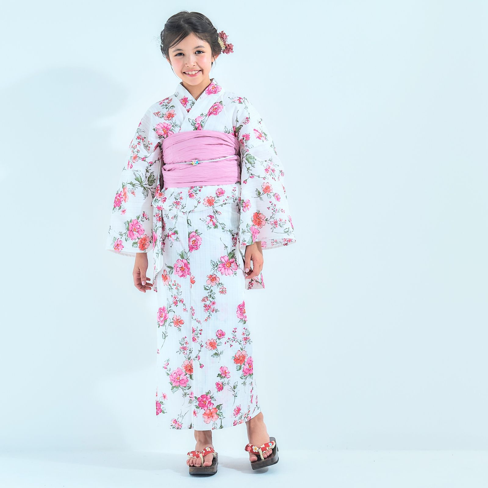 2点セット】キッズ 子供 浴衣 しわへこ 帯とセット 白 花柄 110〜150cm 