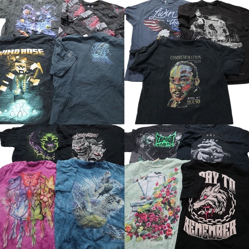 古着卸 大判プリント 半袖Tシャツ 15枚セット メンズ XL |2XL 人物 イーグル アニマル スカル 亀 蝶々 古着 NB0860