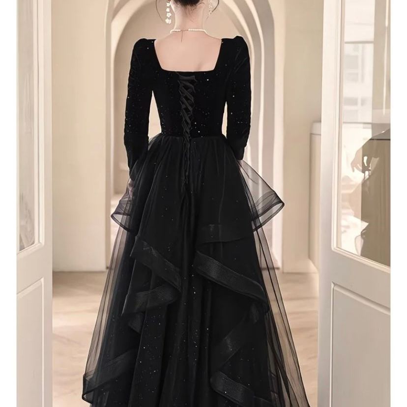 ドレス レディース ロングドレス 黒 ベルベット 長袖 晩礼服 パーティー 演奏会 発表会 ステージ衣装 年会 エレガント 小衆デザイン 秋冬