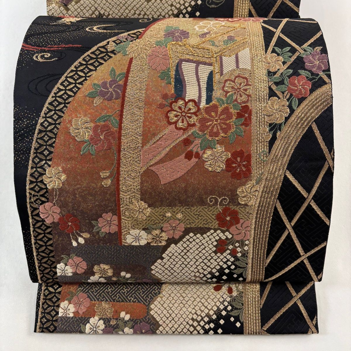 217R 袋帯　総刺繍　正絹　銀糸　豪華　華やか　くじゃく　御所車　DD 和】16357o 袋帯 六通柄 金駒刺繍 花文様 リサイクル 着物 正絹