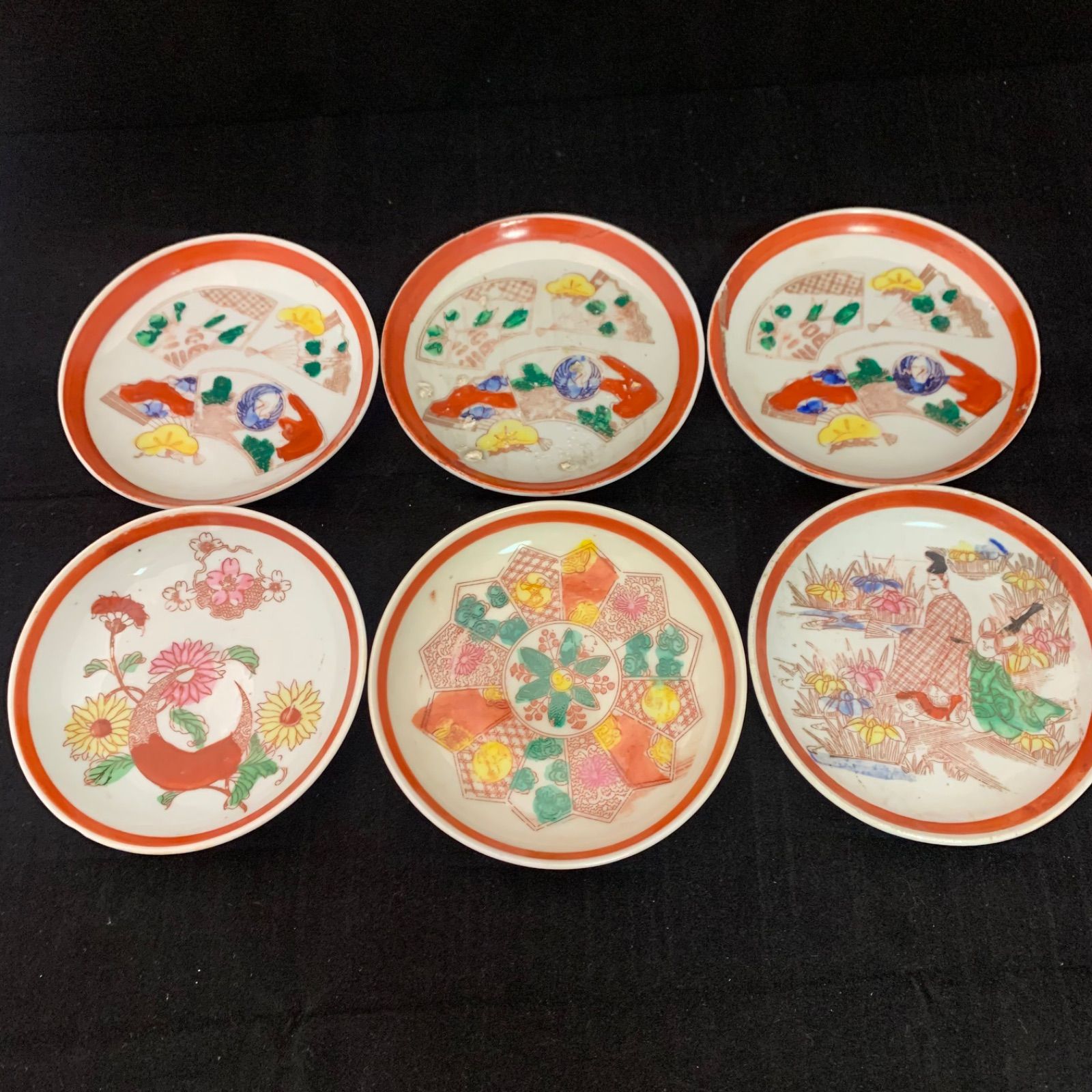 江戸〜明治 小皿 骨董品 和食器 絵皿 赤絵 印判手 色絵 6枚