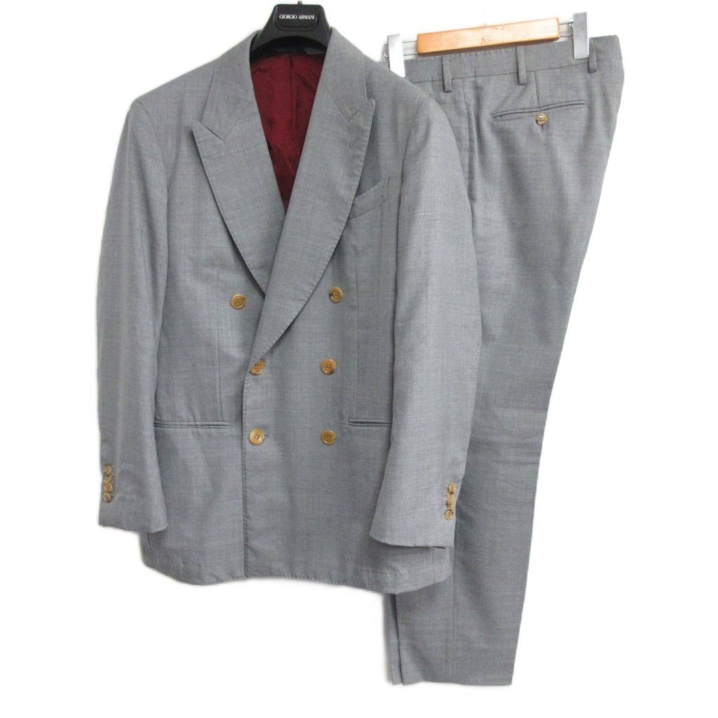 ジョルジオアルマーニ GIORGIO ARMANI 最 現行 黒タグ 23年製 オーダー ダブルスーツ セットアップ ウールシルク 背抜き 本切羽 ビジネス フォーマル 正規 ハンガー付 グレー 52