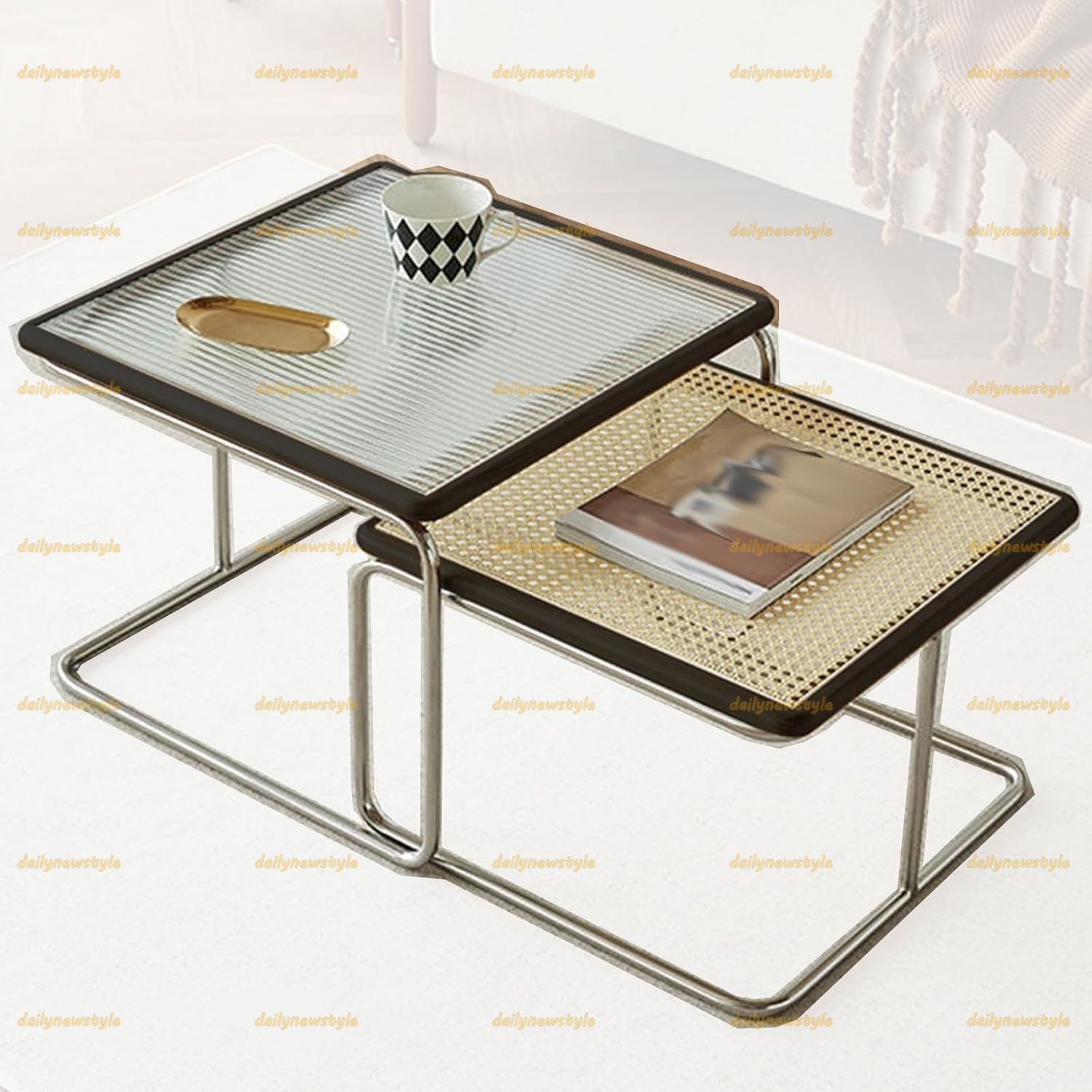 人気推薦◆ローテーブル2個セット リビングルーム用のモダンで素朴なサイドテーブル テーブル 一人暮らし スクエアスタッキングサイドテーブル メタルフレームサイドエンドテーブル ラタン編みとガラスのテーブルトップ ローテーブル センターテーブル テーブル