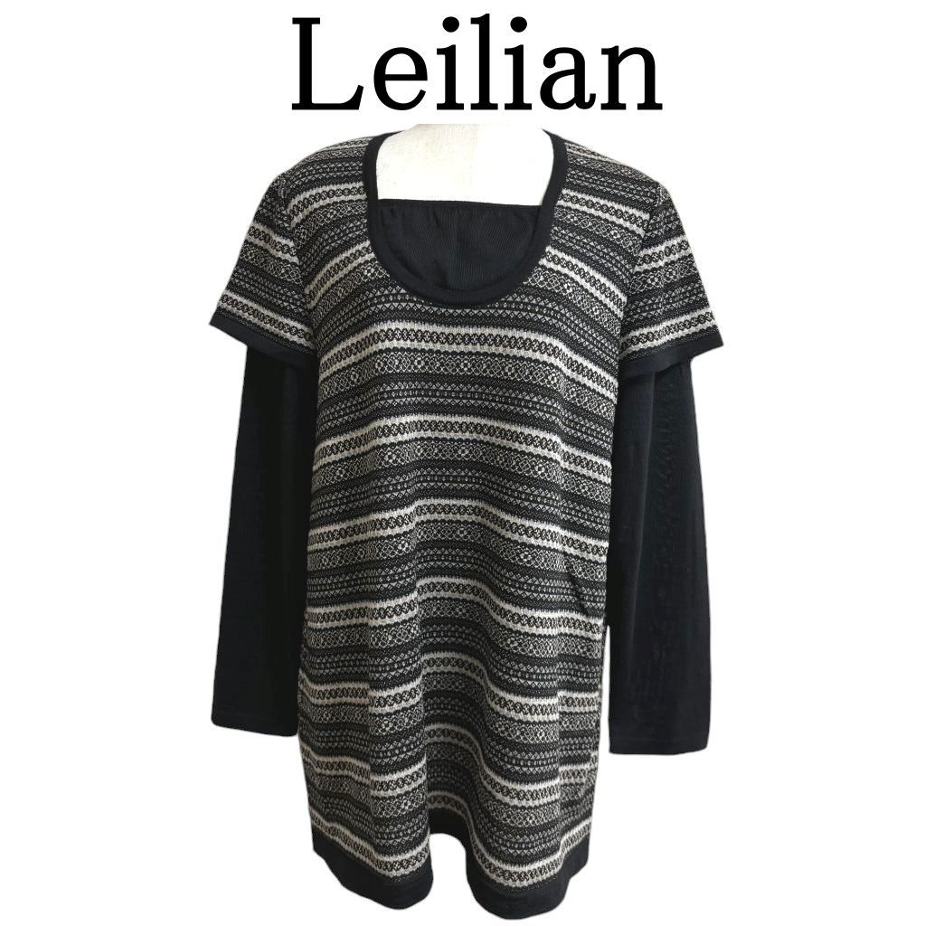 Leilian（レリアン）レディース　大きいサイズ　レイヤード風ニットチュニック　長袖　ジャガード編み　ブラックラメ　13号　LL Leilian（レリアン）レディース 大きいサイズ レイヤード風