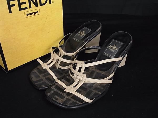 FENDI フェンディ ズッカ柄 レザー×キャンバス ヒール サンダル