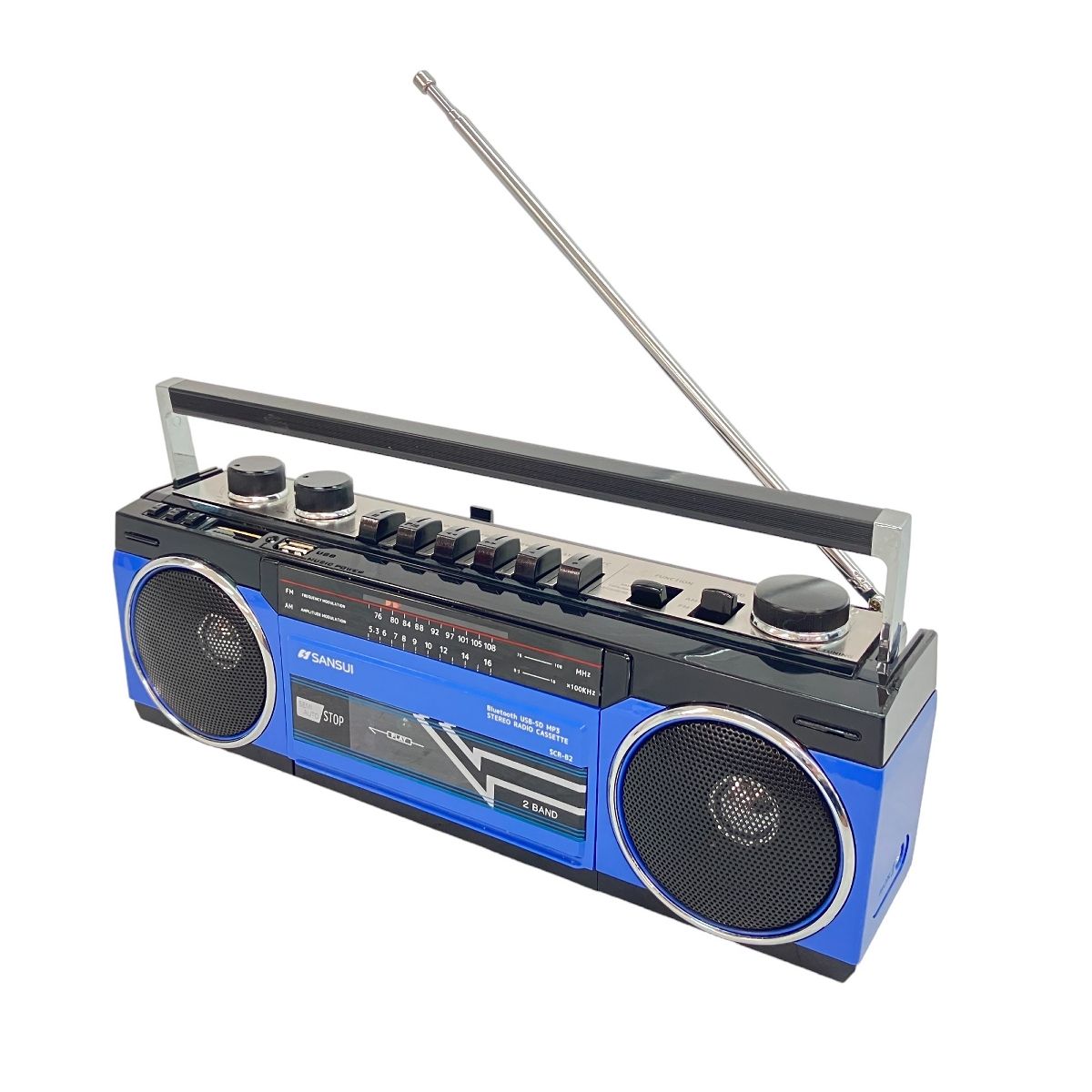 【動作保証】SANSUI SCR-B2 ステレオラジカセ ブルー レトロ Bluetooth USB SDカード MP3 AM FM イヤホン  テープ録音 乾電池 サンスイ 中古 C8997116