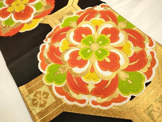 袋帯 彩織 傳統工芸士 華蜀江 正倉院 華紋 金糸 正絹 六通 平和屋着物◎六通柄袋帯 唐織 蜀江花文 黒地 金糸 正絹 逸品 未