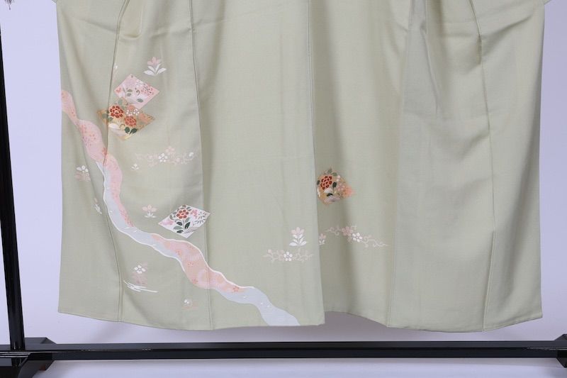 訪問着 若草色 ゴールド 緑 ブルー 桜色 花 京友禅 T513 - メルカリ 