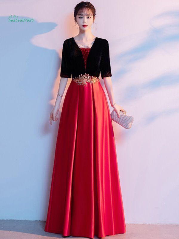 ドレス ロングドレス 演奏会 ブラック レッド 5分袖 発表会 黒 ファスナー コーオーケストラ ステージドレス コンサート 舞台 大人 赤 コンクール hea5v837825