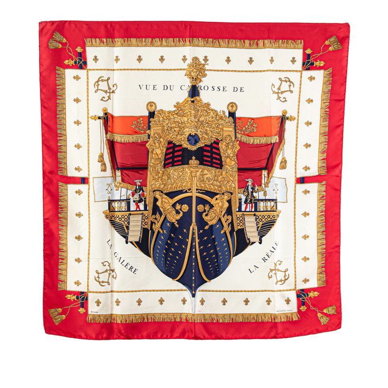 エルメス カレ90 VUE DU CAROSSE DE LA GALERE LA REALE クイーンの戴冠式 ホワイト マルチ シルク レディース HERMES 1-0210179