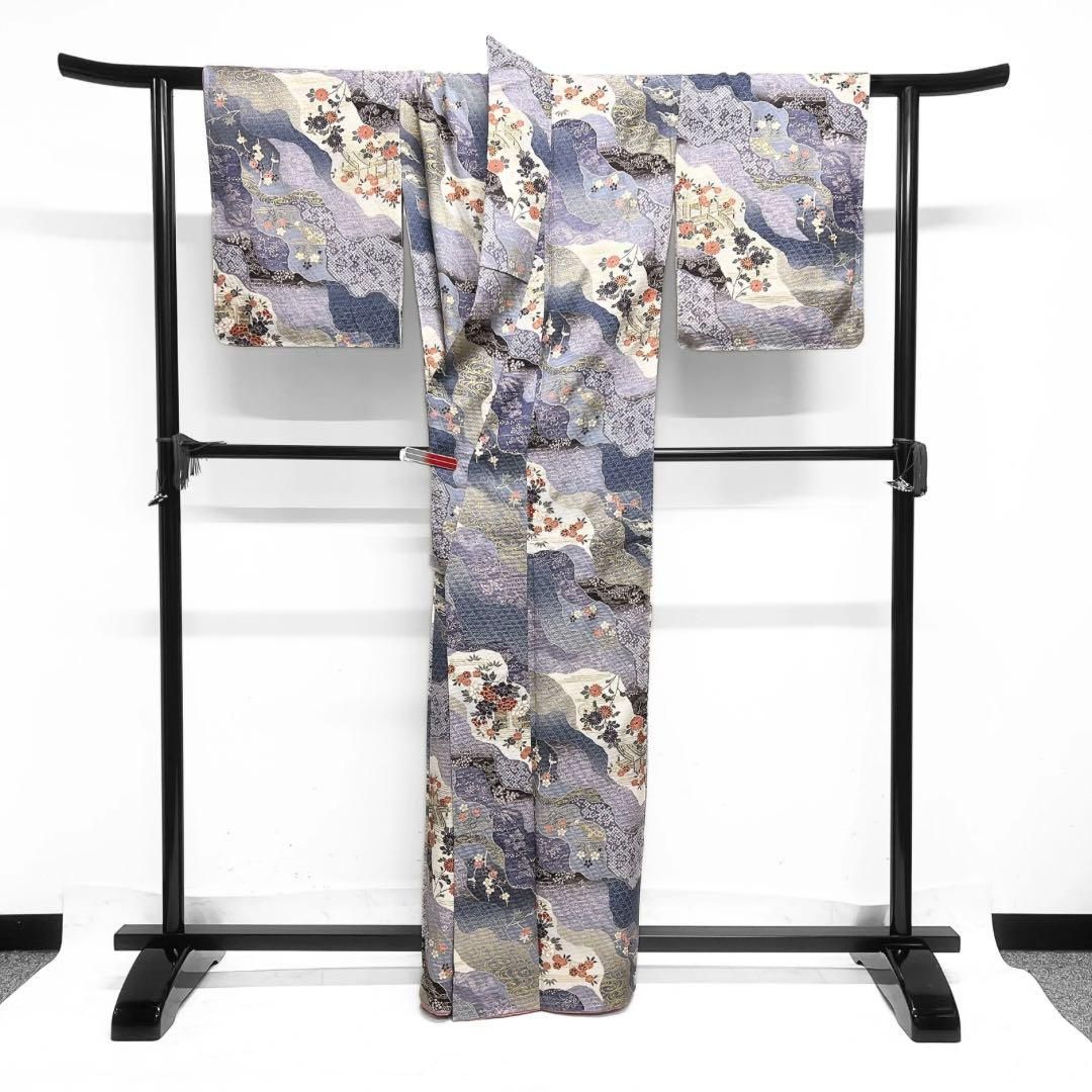 未着用　小紋　金彩　道長取り　菊　桜　梅　霞　流水　観世水　着物　034a d 未着用 小紋 金彩 道長取り 菊 桜 梅 霞 流水 観世水 着物 034a