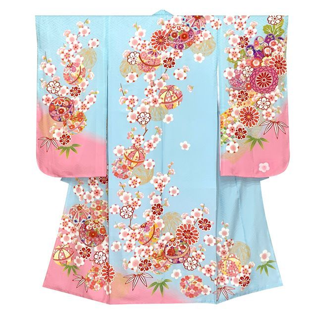 七五三 着物 7歳 絵羽柄の古典柄の四つ身の子供着物(合繊)