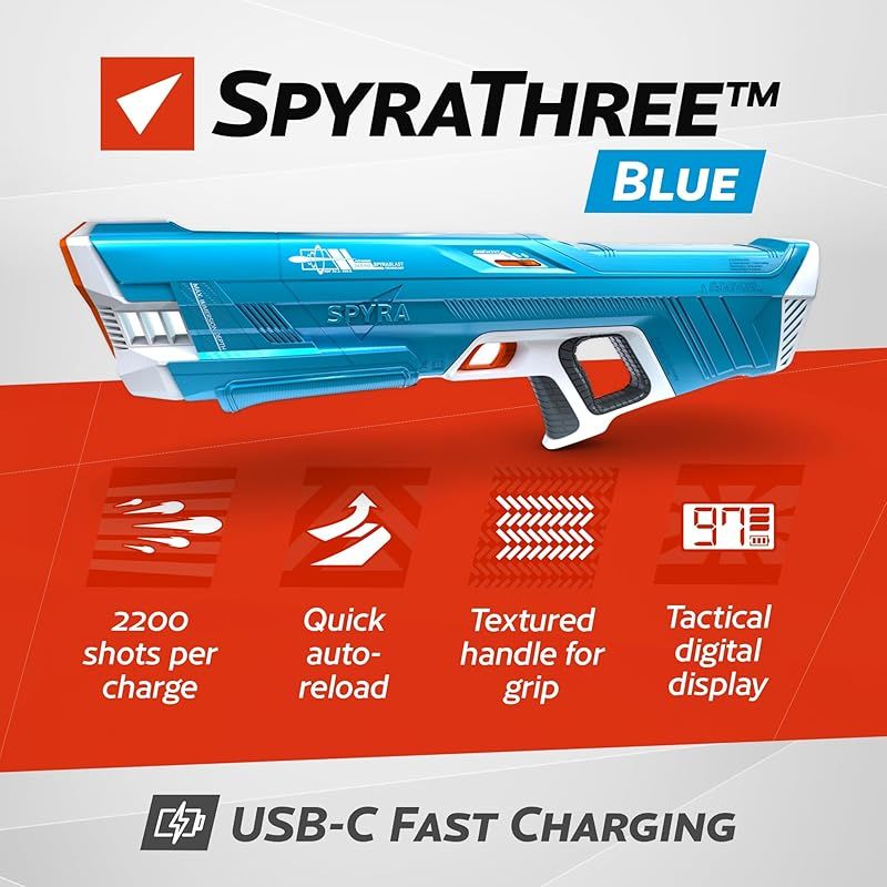 スパイラ Spyra ハイテク電動ウォーターガン 水鉄砲 SpyraThree RED 単発 チャージ三連射制限なし 超強力飛距離 10-15M 水遊びおもちゃ 水鉄砲合戦 海水浴|プール|川遊び 夏休み 夏の定番 1