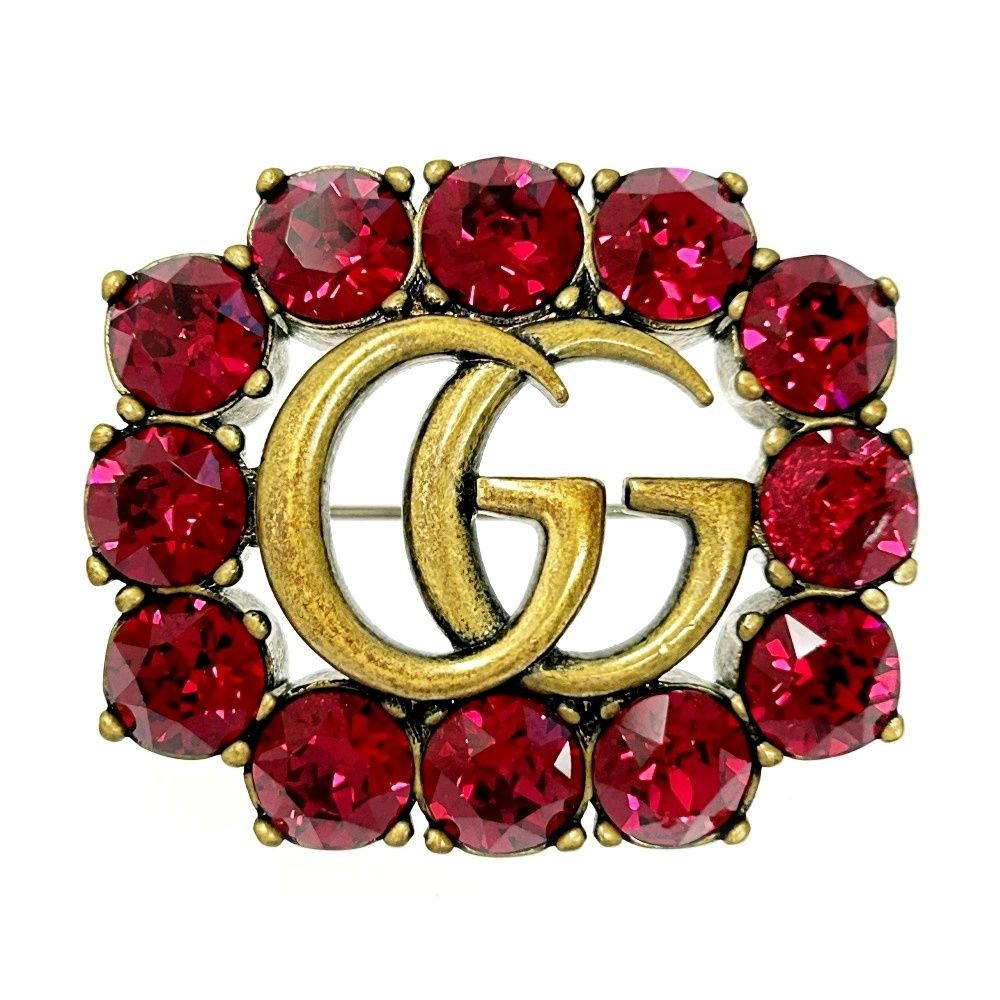 中古】GUCCI グッチ GP GGマーモント クリスタル ブローチ レッド