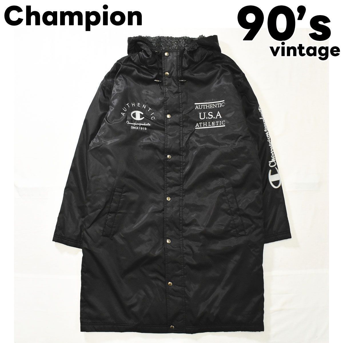 90sヴィンテージ チャンピオン 刺繍ロゴ フーディー ベンチコート L 黒 