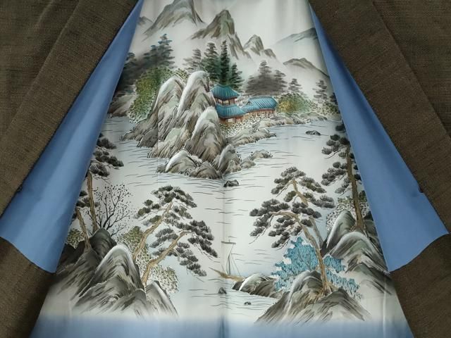 平和屋着物○結城紬 100亀甲 風景草花文 正絹 逸品 AAAV7360zg