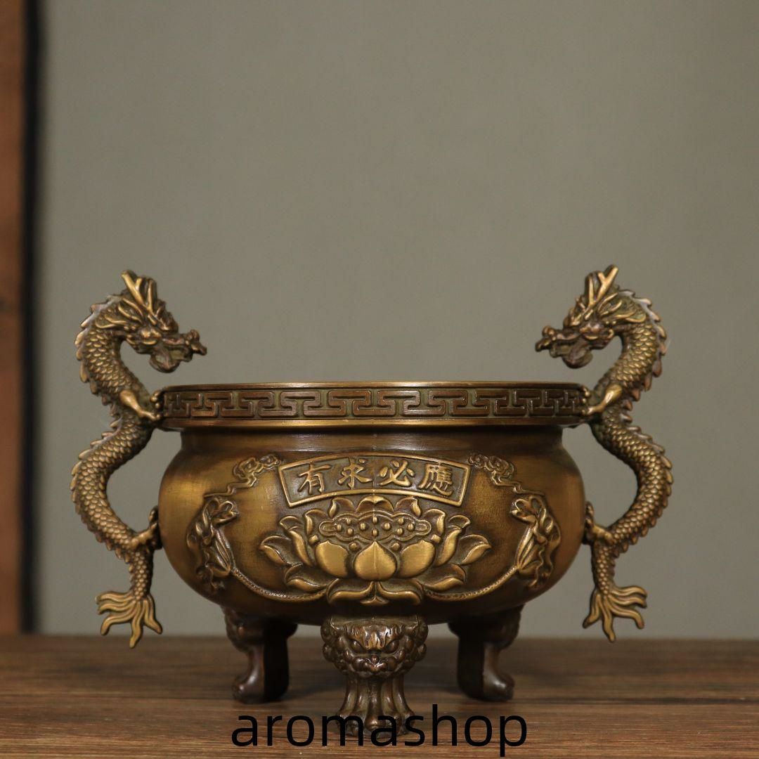銅器 香炉 双龍耳蓮華香炉 三足鼎 仏堂挿香香炉 双龍炉 装飾品 工芸品 置物 銅器 香炉 双龍耳蓮華香炉 三足鼎 仏堂挿香香炉 双龍