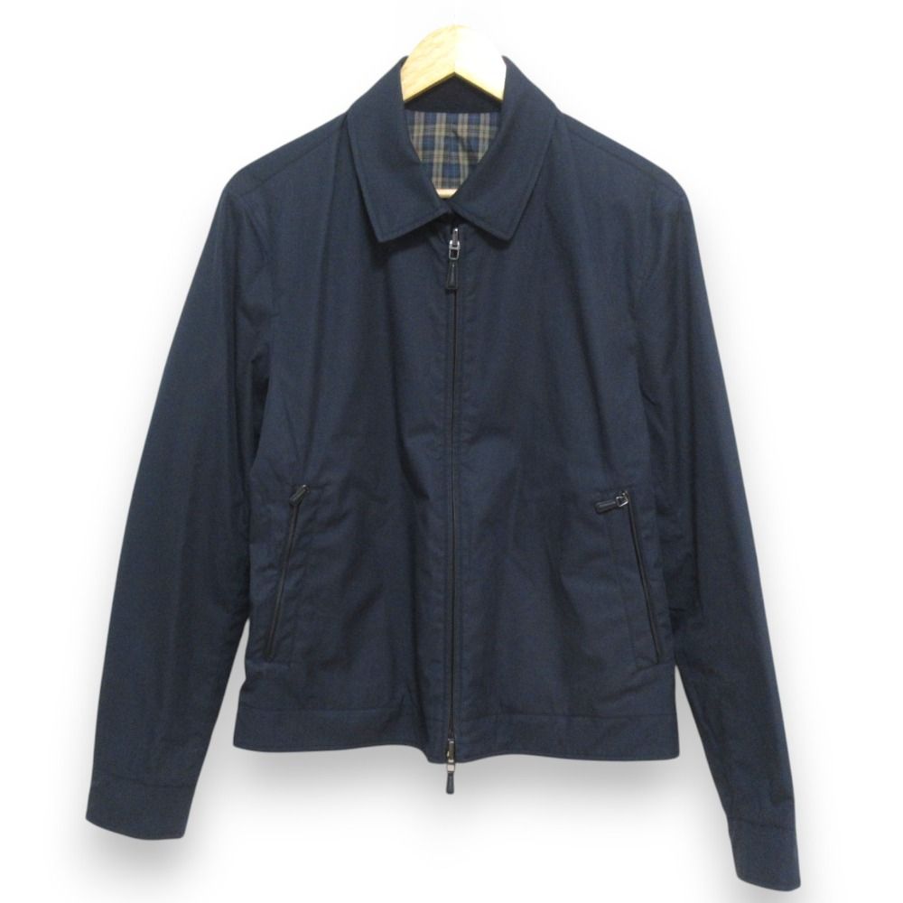 美品 Ermenegildo Zegna エルメネジルドゼニア チェック柄×無地 リバーシブル ジャケット ブルゾン サイズ48 ネイビー系 メンズ 古着 中古 USED