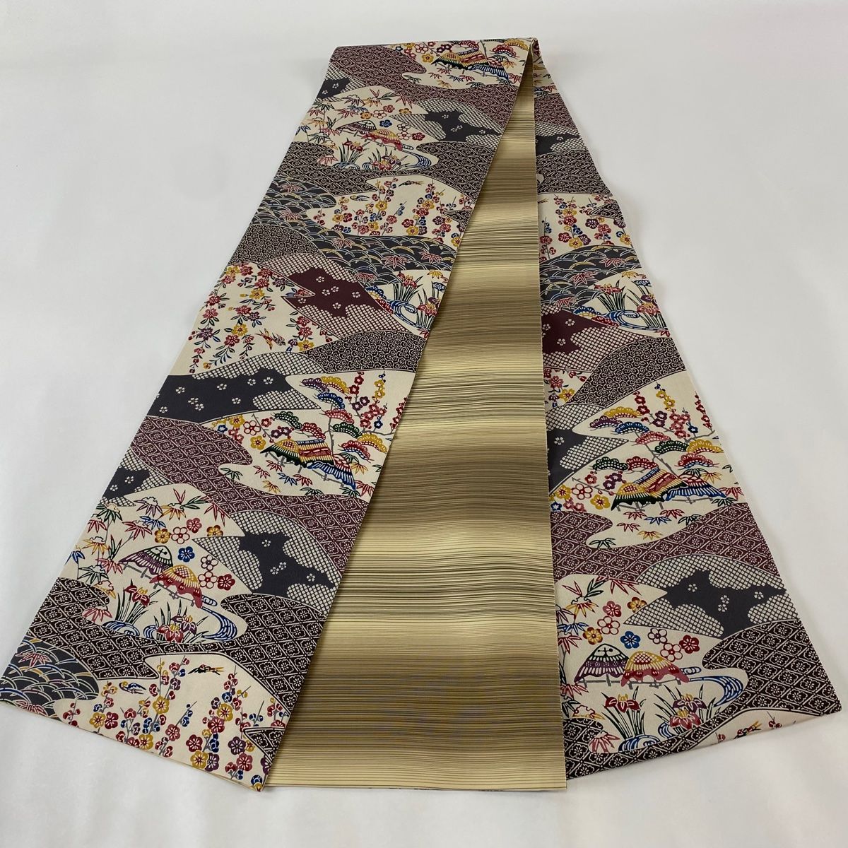 袋帯 美品 秀品 霞 幾何学 金銀糸 紫 全通 正絹 中古 袋帯 秀品 斜縞 金糸 紫 全通 正絹 中古 袋帯 美品 秀品