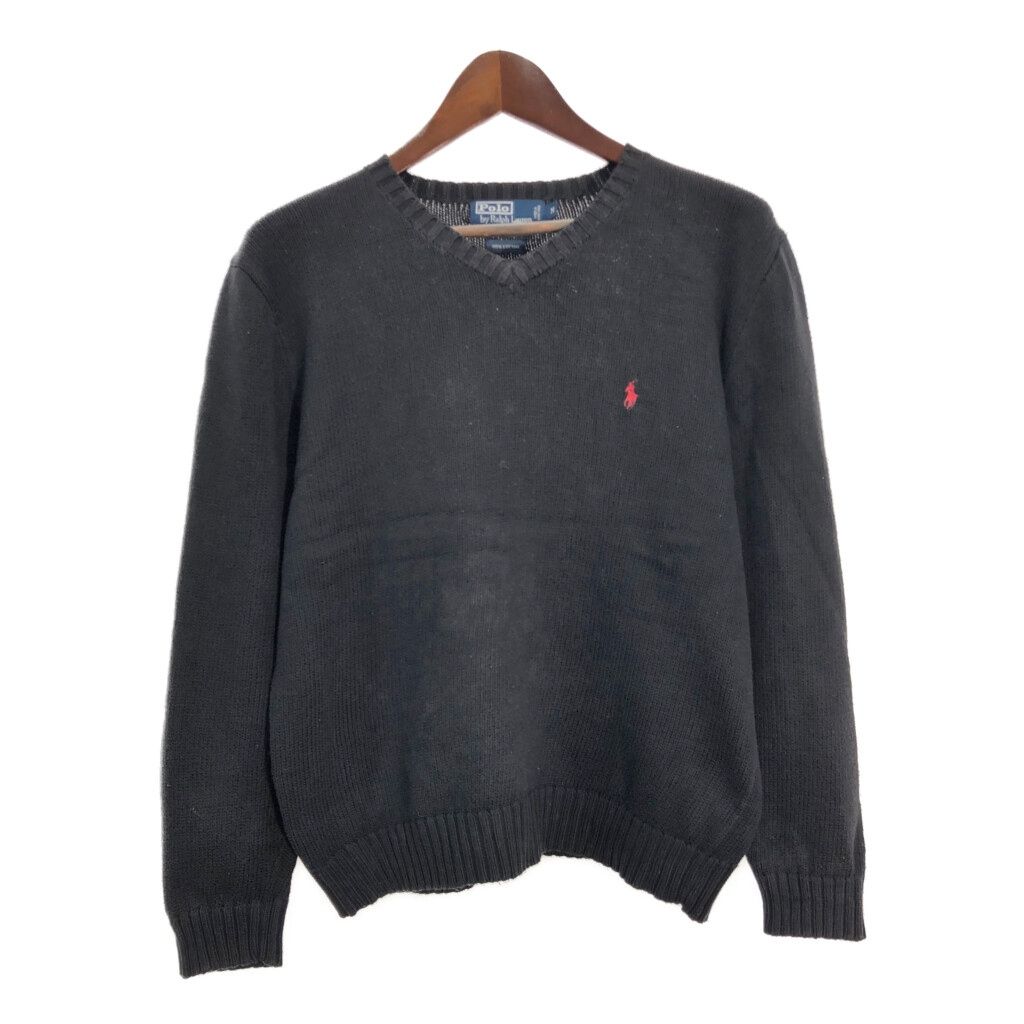 Polo by Ralph Lauren ポロ ラルフローレン Vネック コットン ニット セーター ワンポイントロゴ ブラック (メンズ M) 中古 古着 T0525