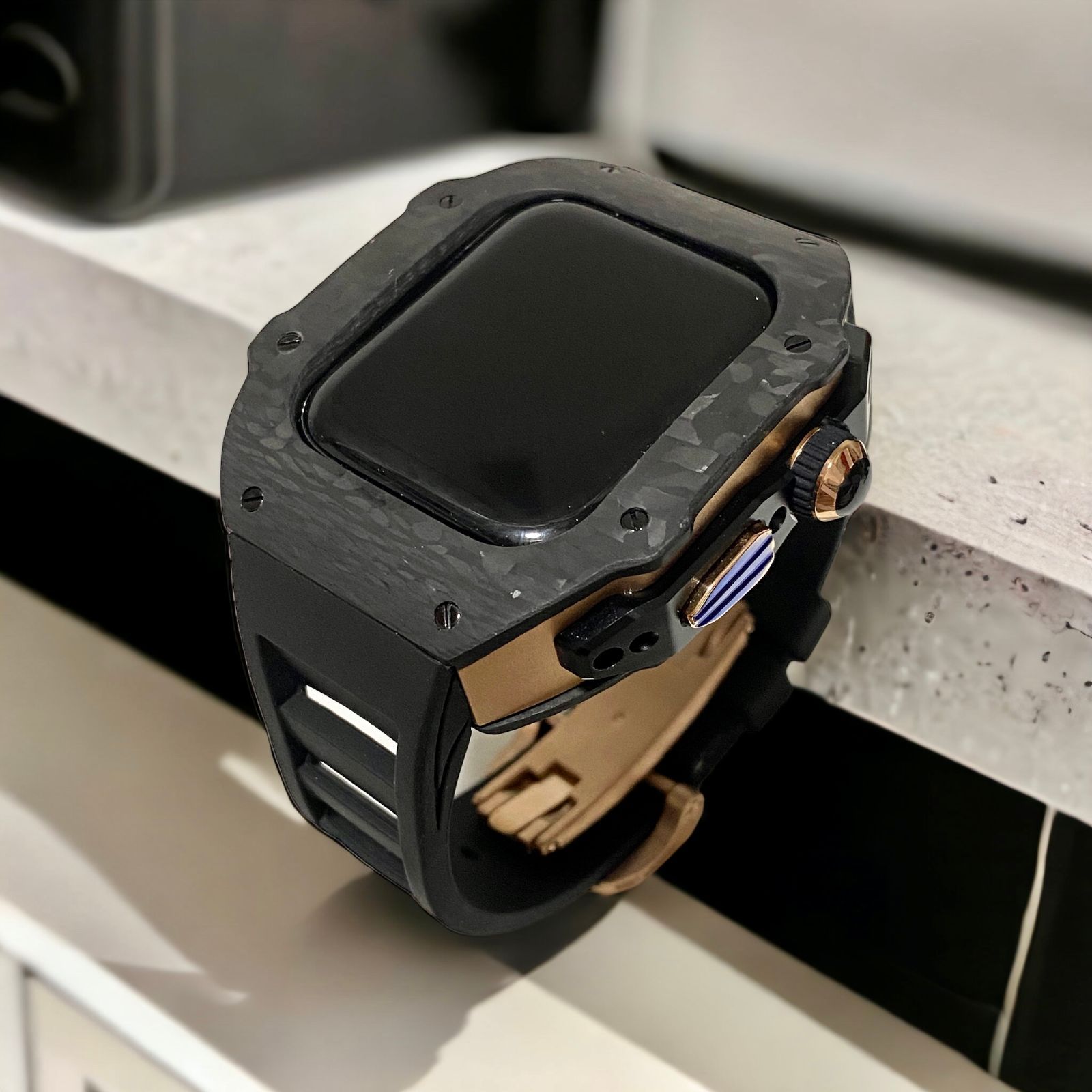 apple watch カーボン ケース カバー 45mm メンズ 腕時計 新品ホワイト側面バックル