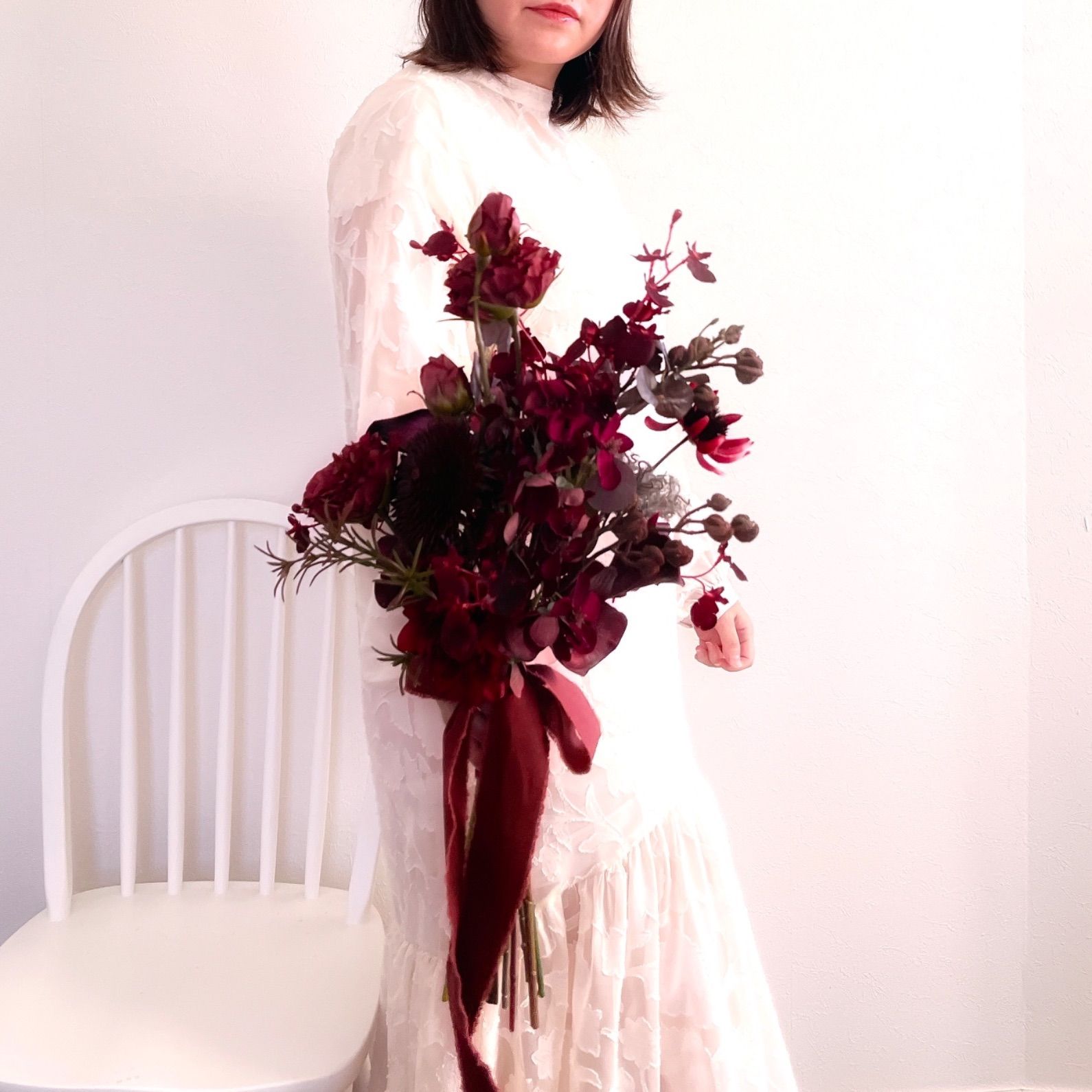 アームブーケワインバーガンディウェディングブーケ造花胡蝶蘭