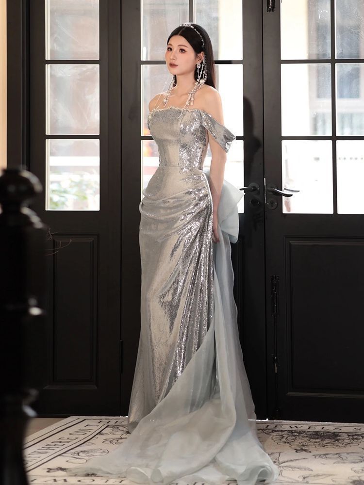 一字肩 晩餐会ドレス 2025 感 修身 気質 亮片 新娘 司会者 結婚式 年会 ドレス 銀色WPまとめ買い割引103