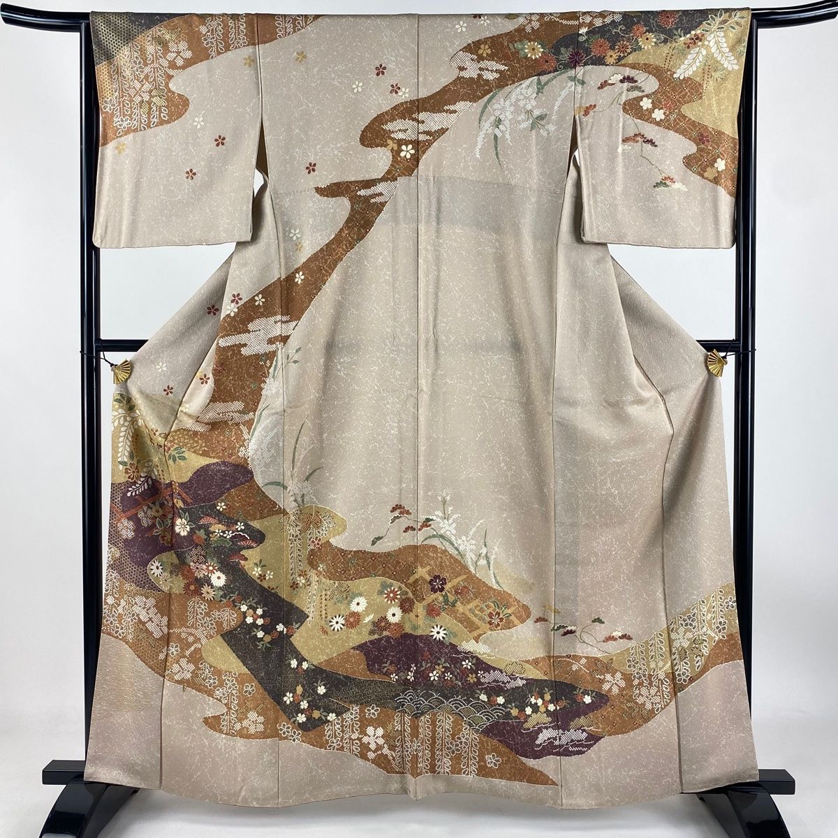 訪問着 身丈161cm 裄丈64.5cm M 袷 桜 松 金彩 ベージュ 正絹 秀品