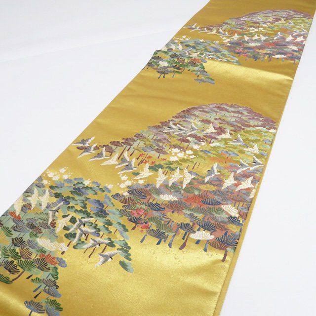 袋帯 未使用 正絹 六通 本金箔 花鳥模様 引箔 多色 金 A1232-13