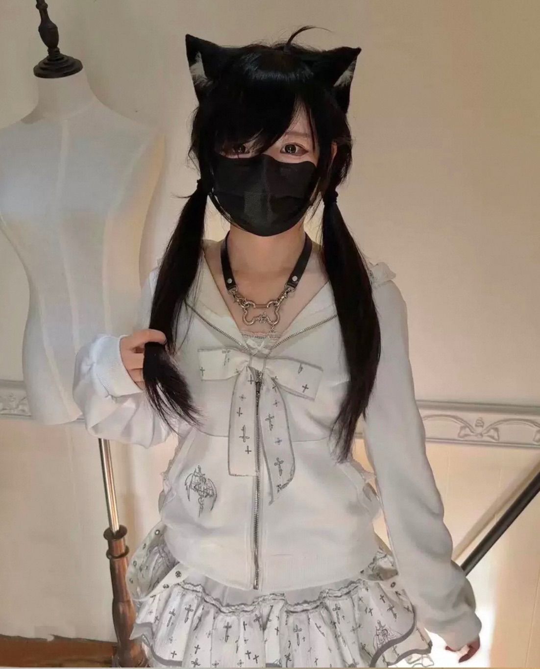 リボン レース 猫耳 フーディー 長袖 パーカー 病み かわいい 量産型