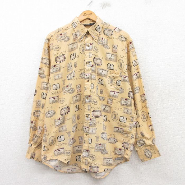 L/古着 ノーティカ 長袖 ブランド シャツ メンズ 90s 総柄 ロング丈 レーヨン ボタンダウン 25mar10 中古 トップス