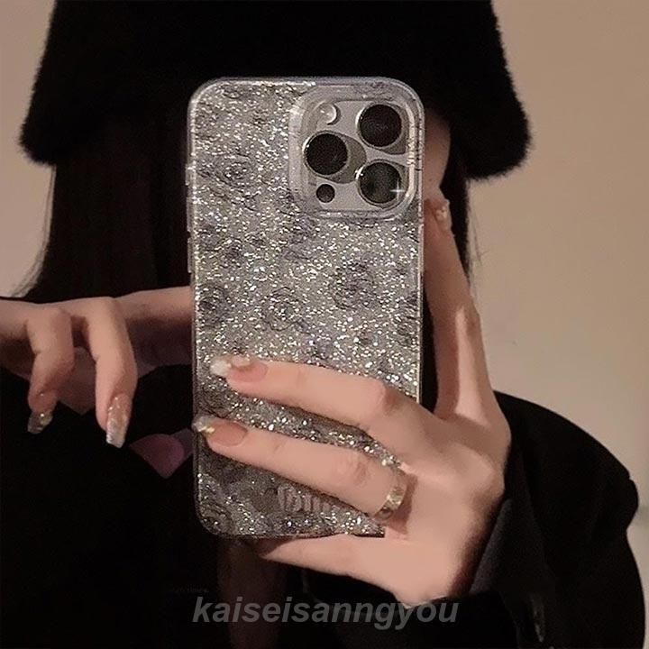 キラキラ iPhoneケース ラメ 可愛い シルバー 　花柄 フラワー バラ スマホケースアイフォンケース iPhone12 iPhone13 iPhone14 iPhone15 P
