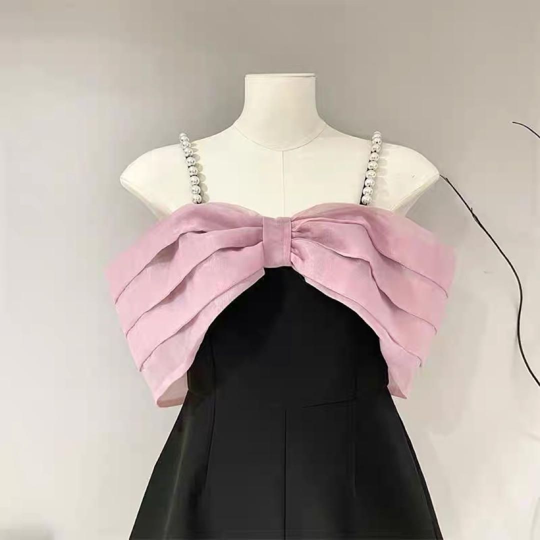 オフショルリボン＆パールがかわいい！ミニ丈ジャンプスーツ【結婚式・パーティー】 新品未使用 レディースファッション 人気商品 オフショルリボン