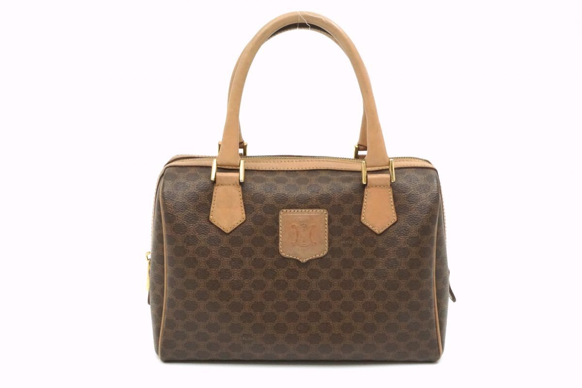 セリーヌ ヴィンテージ マカダム ミニボストン ハンドバッグ トート トリオンフ PVCレザー 茶 ブラウン CELINE 2442h