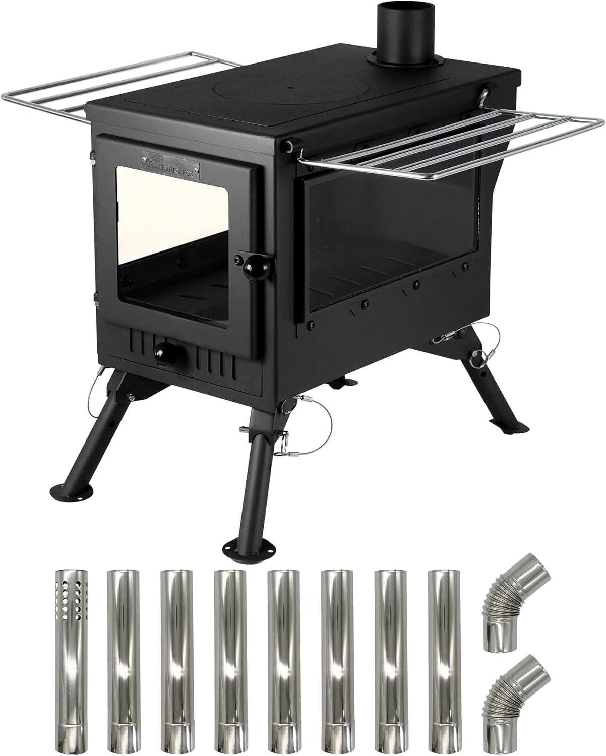 FUTUREFOX 薪ストーブ 最大52.5×40×263cm テントストーブ 折りたたみ式 煙突付属 3面ガラス 調理 鉄製 ブラック