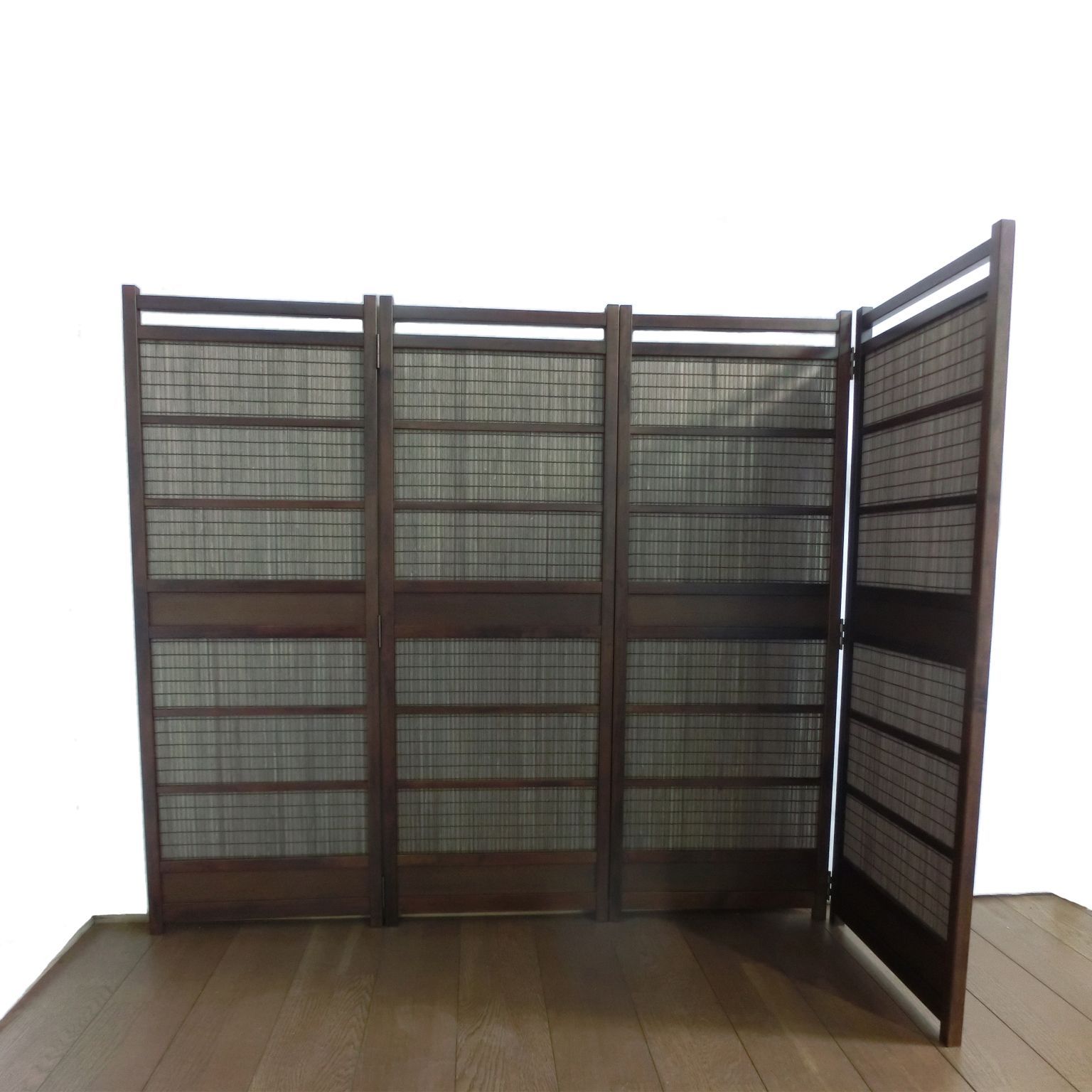 簾屏風 訳あり 4連 ダークブラウン木簾 衝立 パーテーション