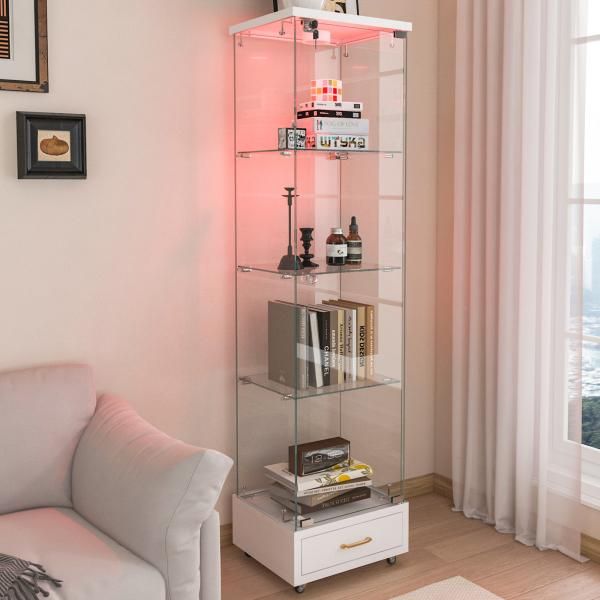 ケース シェルフ 1ドア4段 ガラスディスプレイキャビネット LEDリモコン付き キャスター付き 鍵付き 強化ガラス ガラスケース 爆買 MARWIL-DEMENAGEMENTS_CH