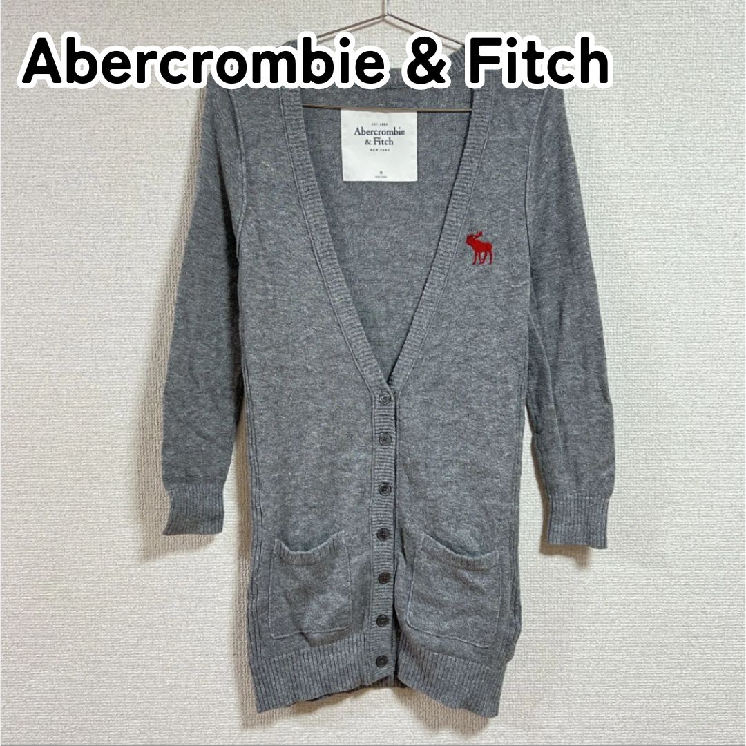 Abercrombie u0026 Fitch アバクロンビーアンドフィッチ M グレー ロゴニットカーディガン Vネックニットカーディガン  ロングニットカーディガン アバクロ