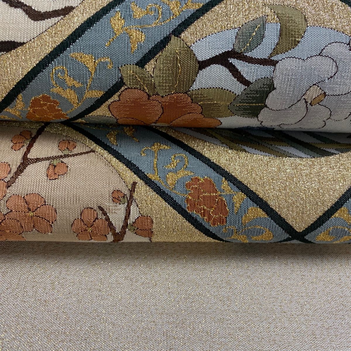 花柄 ベージュ 袋帯 袋帯 美品 名品 草木染 花丸文 草花 箔 ベージュ 六通 正絹