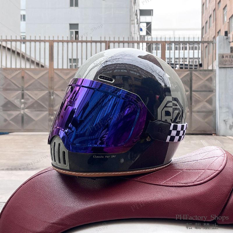 レトロヘルメット クラシック フルフェイスヘルメット ゴーグルが付き バイクヘルメット DOT認定 耐久性 安全性 通気性 男女兼用 ブラック＆グレー A173