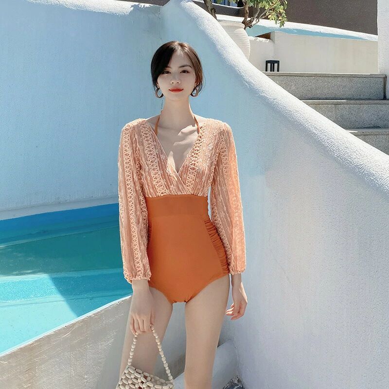 全 水着レディース 体型カバー 水着 ワンピース型 オレンジ ベージュ 小胸 水着 韓国風 20代 30代 40代 大きいサイズ セクシー スイムウェア ママ水着 リゾート 48