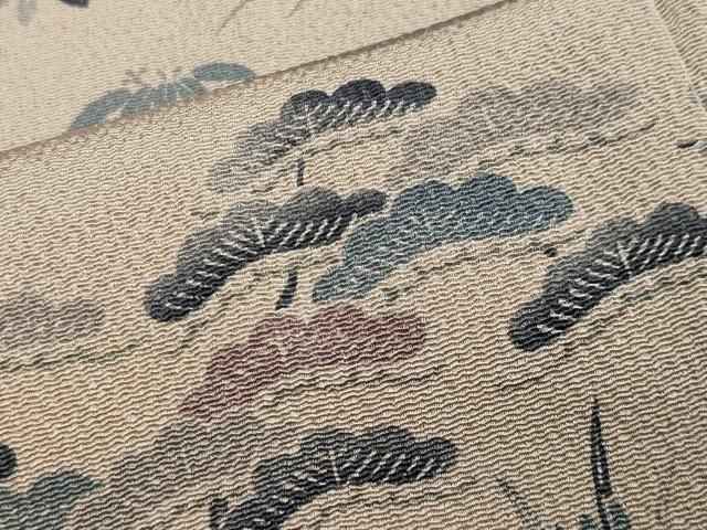 【上品】⭐️金彩小紋⭐️縮緬⭐️松坂屋⭐️未使用⭐️着物⭐️小紋⭐️ 小紋 着物 袷 金彩加工 茶 扇 鶴 梅 桜 裄67.5 L 中古 sn1599