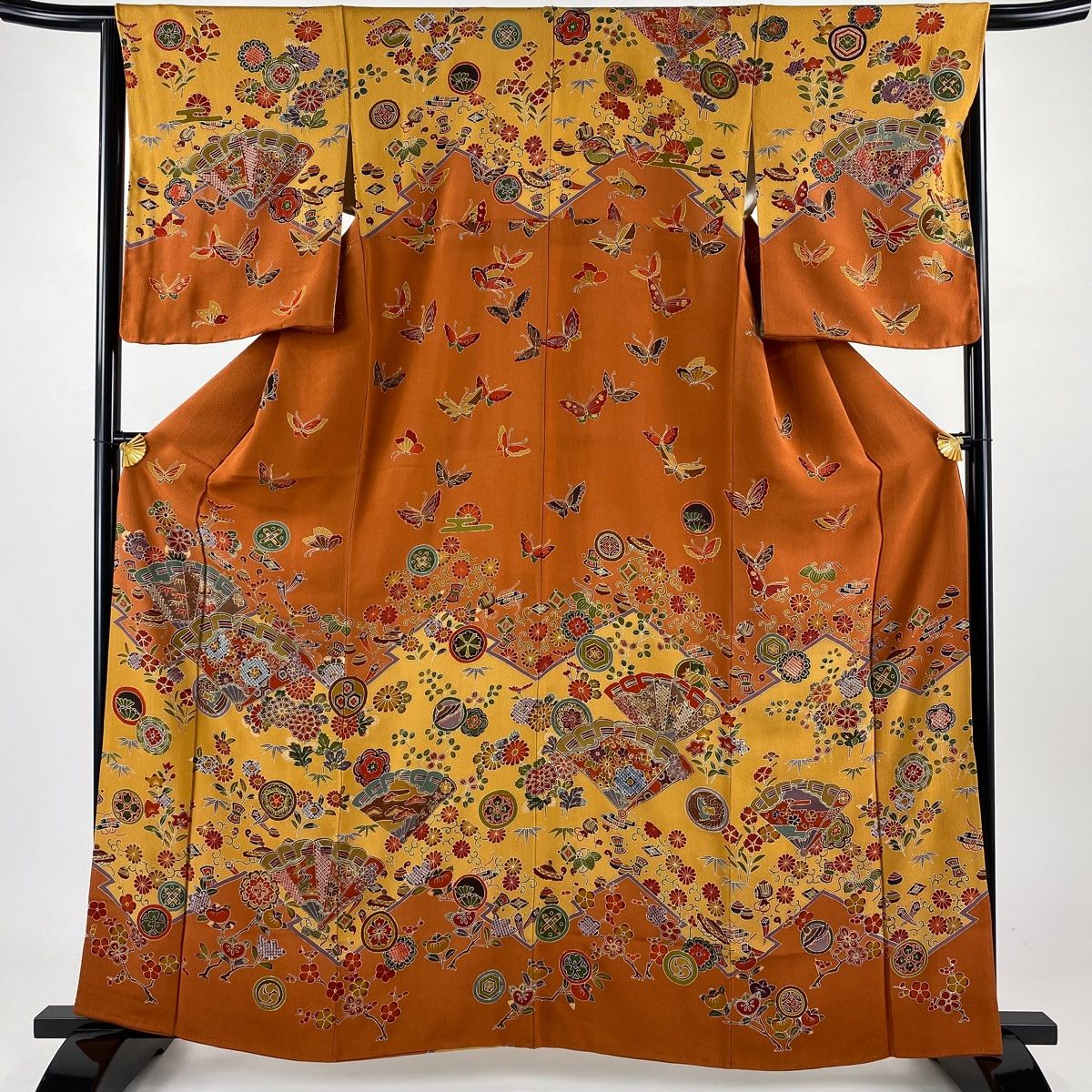 訪問着 身丈163cm 裄丈65cm M 袷 檜扇 秋草 金彩 縮緬 赤茶 正絹 秀品