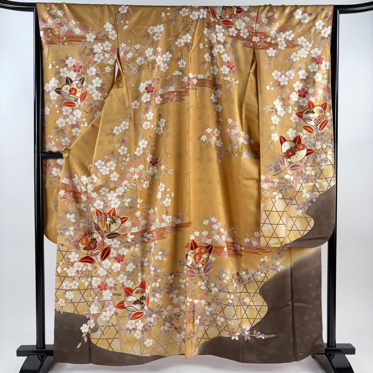 振袖 身丈160.5cm 裄丈66cm M 袷 橘 桜 金糸 金彩 山吹茶色 正絹