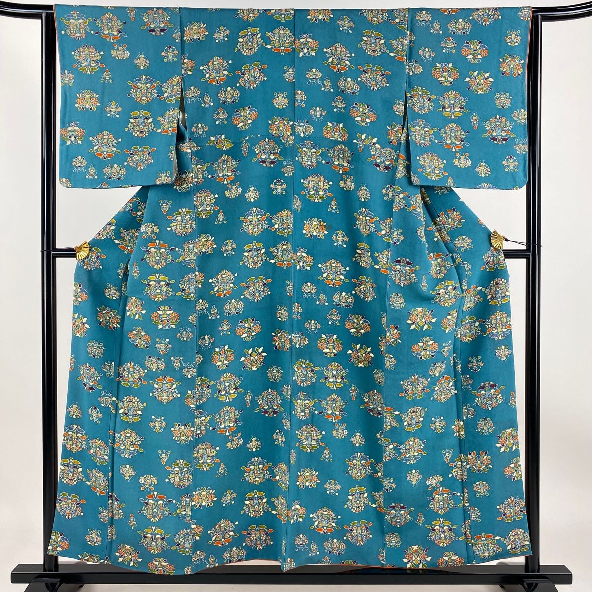 小紋 身丈154cm 裄丈63.5cm S 袷 草花 縮緬 青緑 正絹 優品